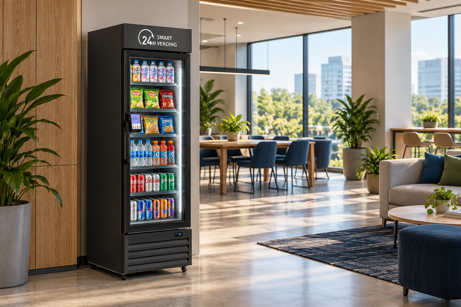 Illustration of a narrow HAHA Smart AI MINI 360 stocked with snacks and beverages in an open business lounge.