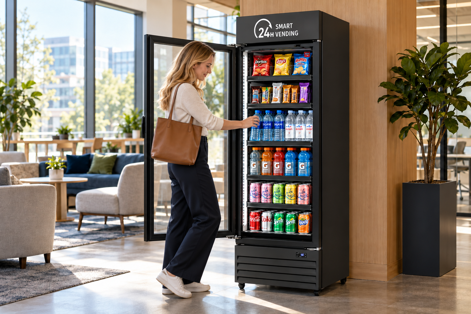 Illustration of a customer reaching for bottled water in a HAHA Smart AI MINI 360, with its glass door swung open behind her.