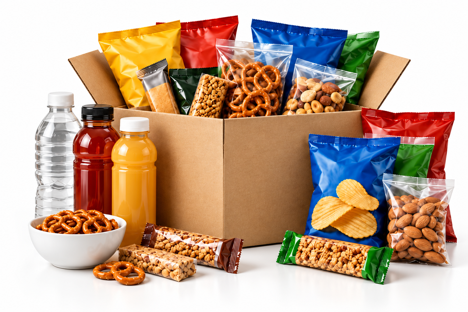 Illustrative snack and beverage assortment; packaging and products vary.